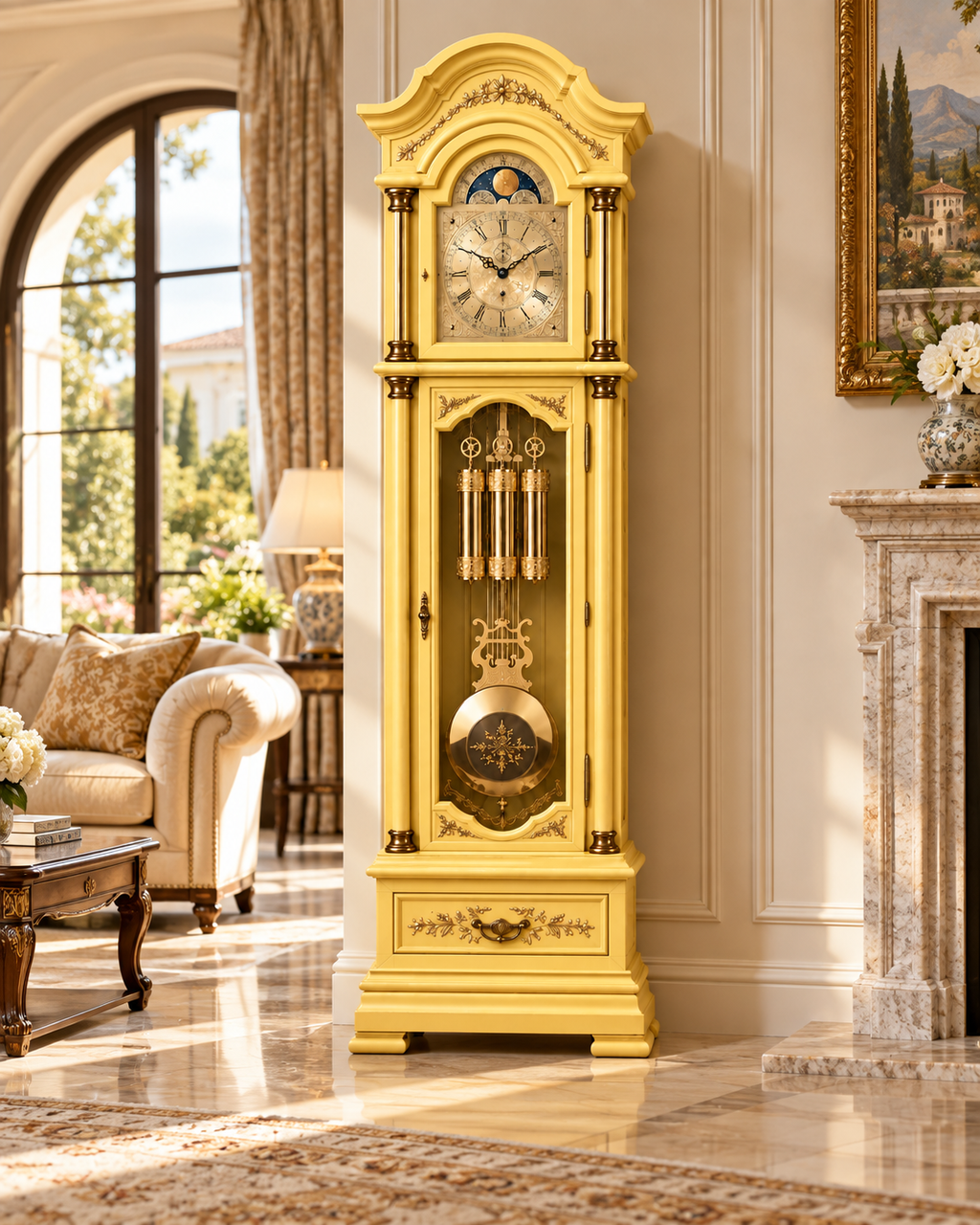 Astra Design AD210-02Y Standuhr „Residenz“ in Gelb matt aus massiver Eiche