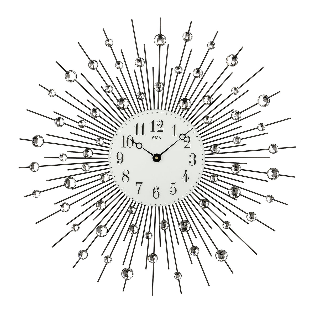AMS W9380 Wanduhr mit schwarz lackiertem Metallgehäuse und geschliffenen Glassteinen