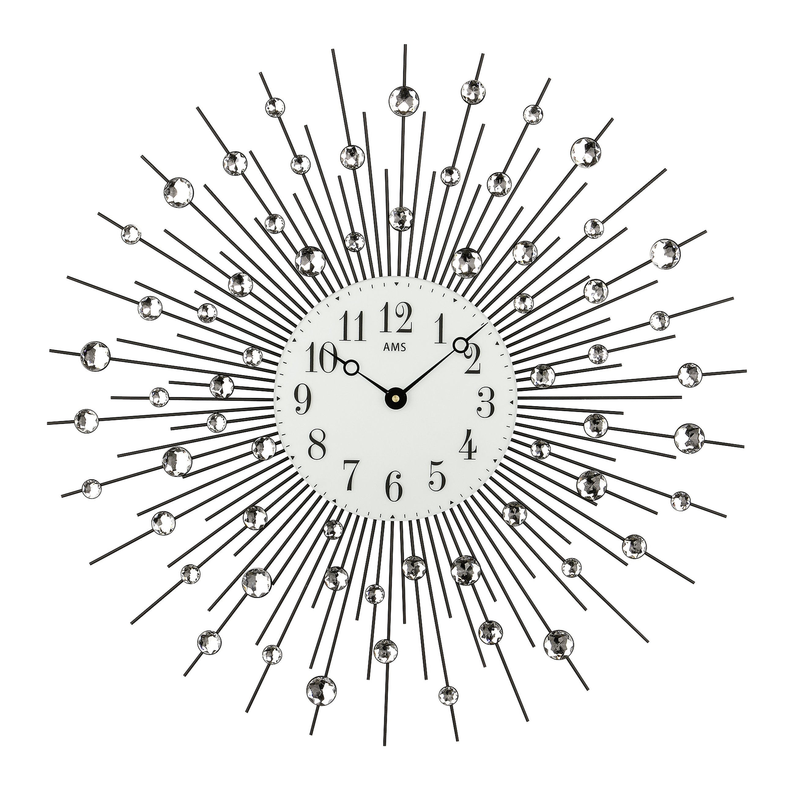 AMS W9380 Wanduhr mit schwarz lackiertem Metallgehäuse und geschliffenen Glassteinen