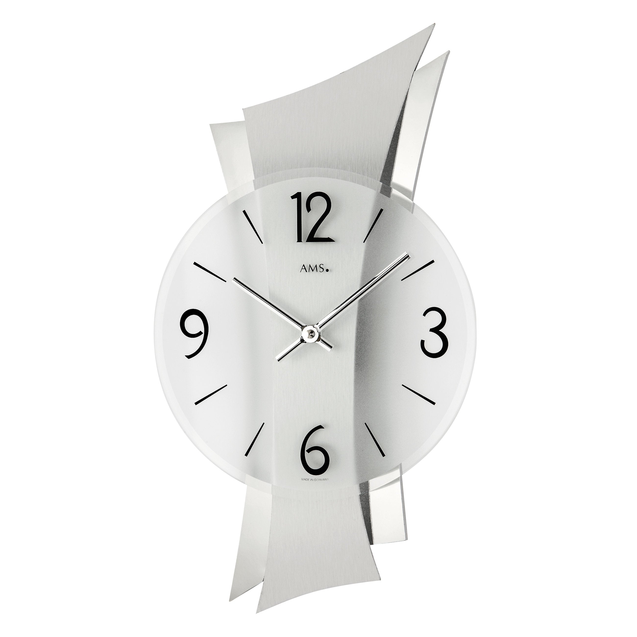 AMS W9398 Wanduhr mit geschwungener Aluminium-Auflage auf verchromter Rückwand