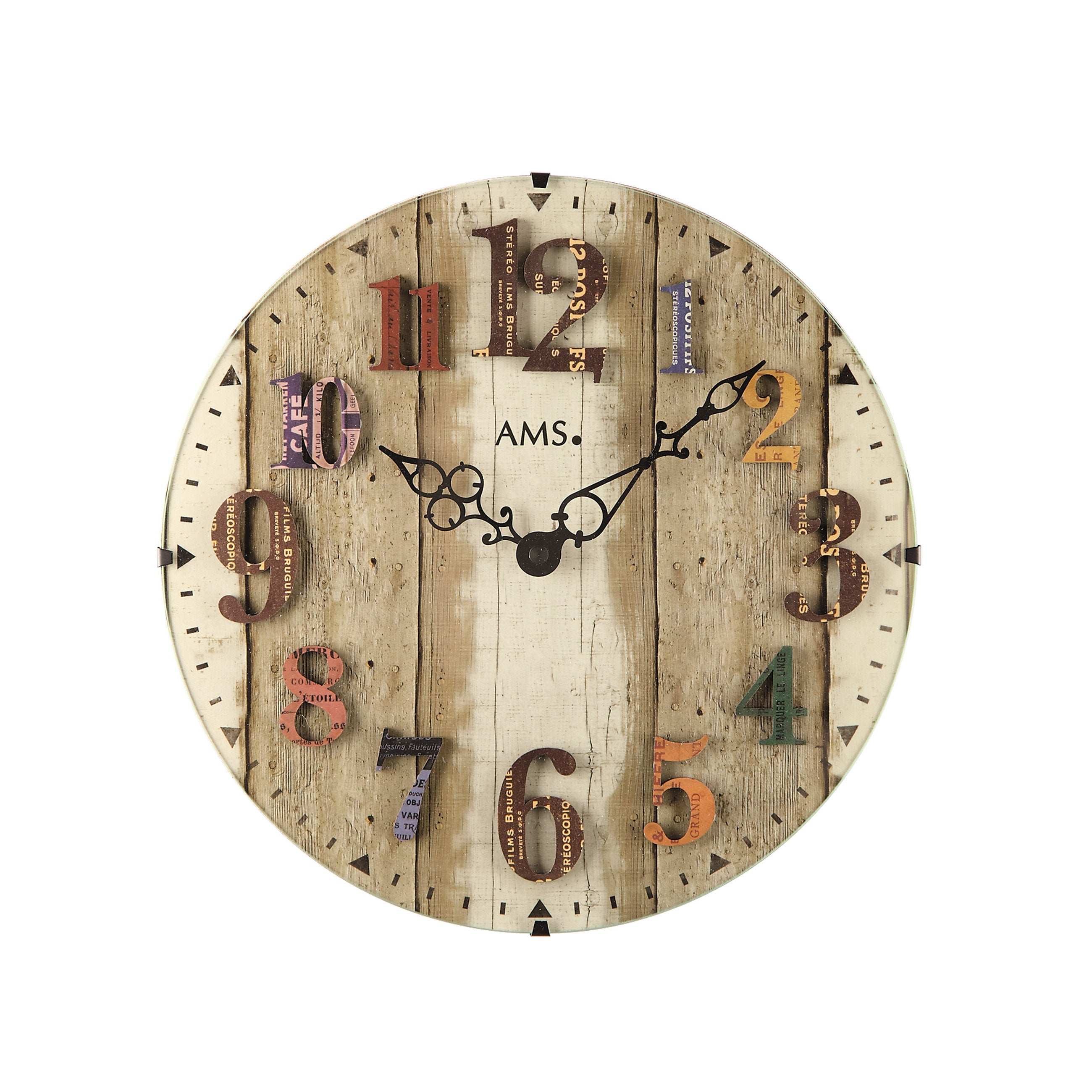 AMS W9423 Wanduhr mit Holzgehäuse, Metallstäben und Mineralglas