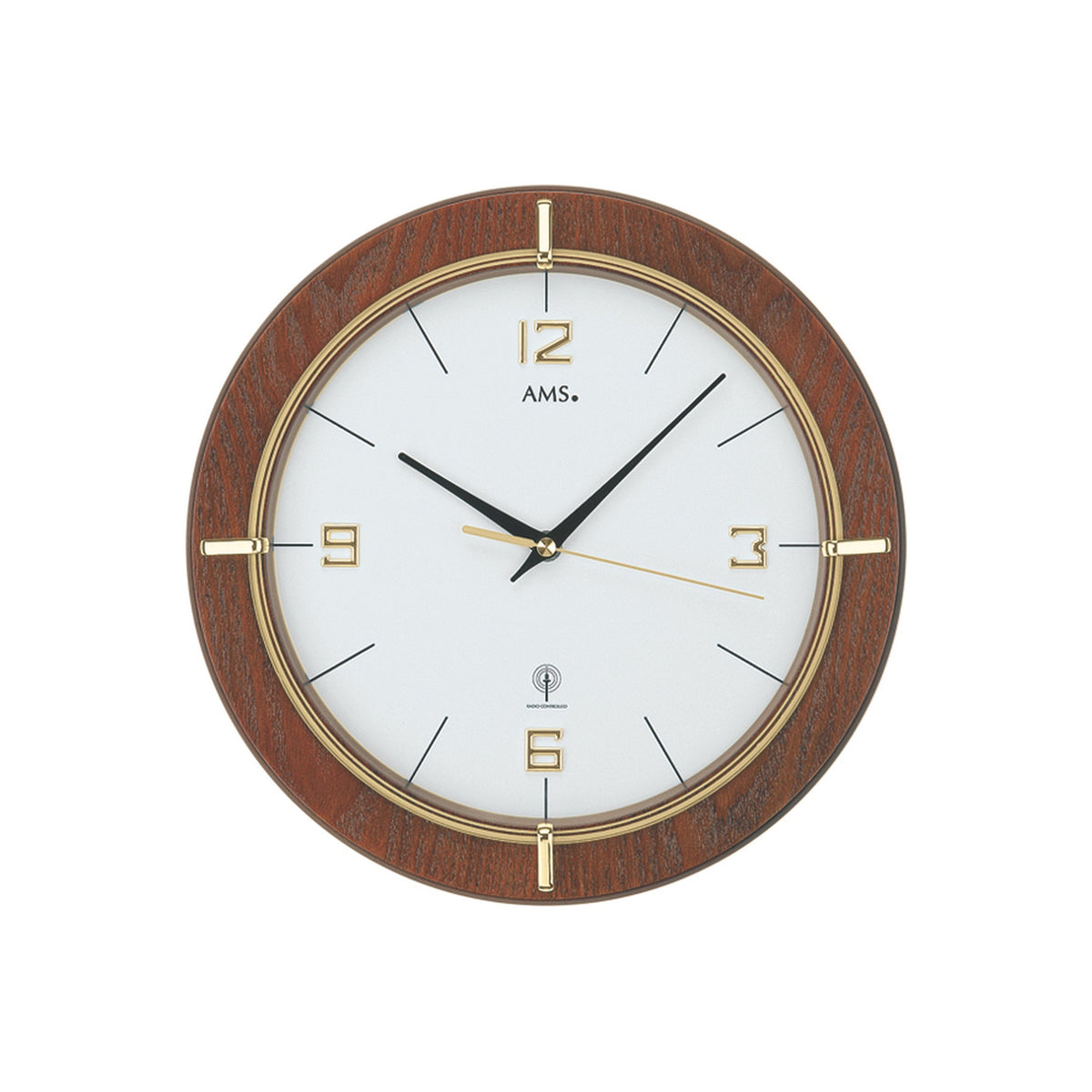 AMS W9432 Wanduhr mit nussbaumlackiertem Gehäuse und goldfarbenem Mineralglas