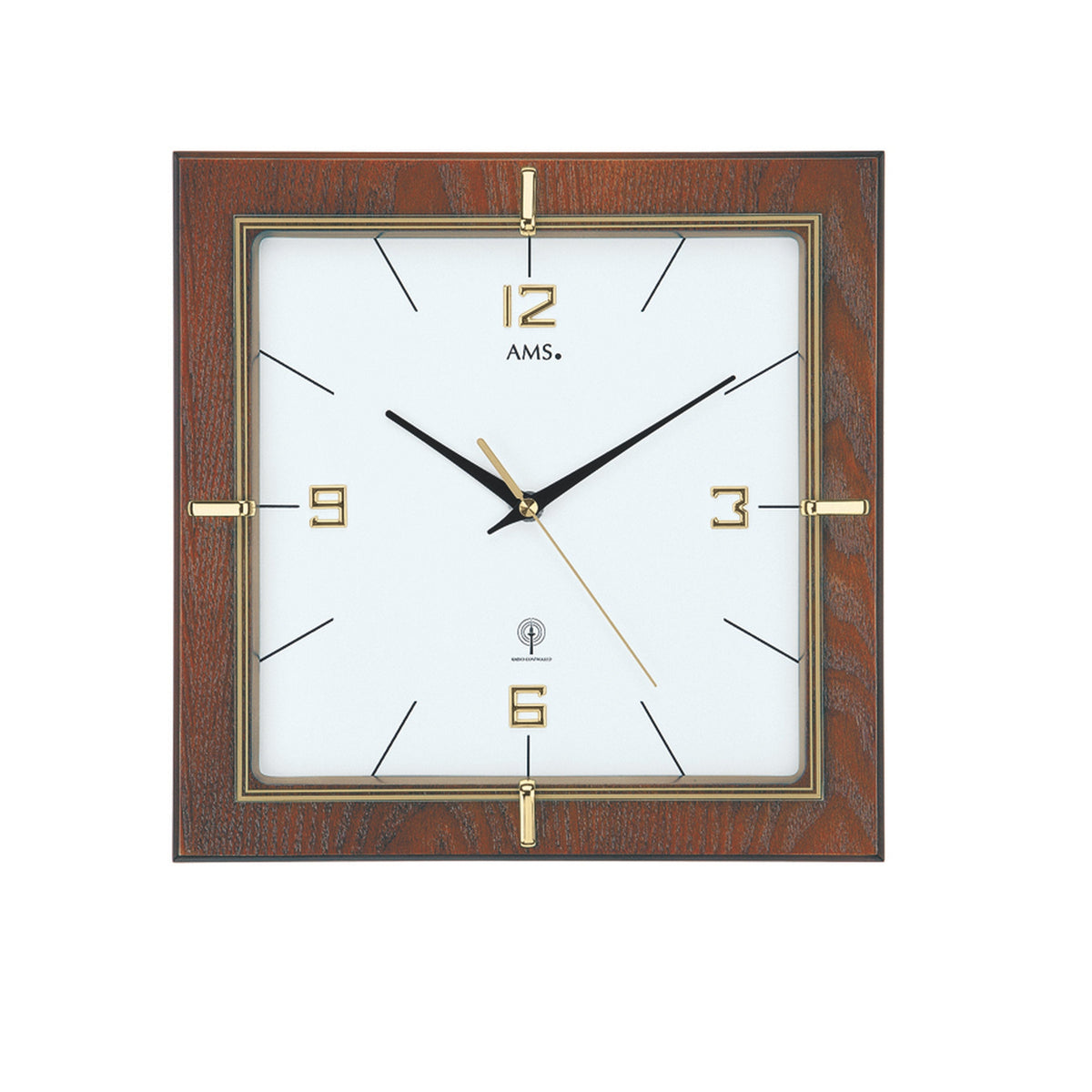 AMS W9434 Wanduhr mit nussbaumlackiertem Gehäuse und goldfarbenem Mineralglas