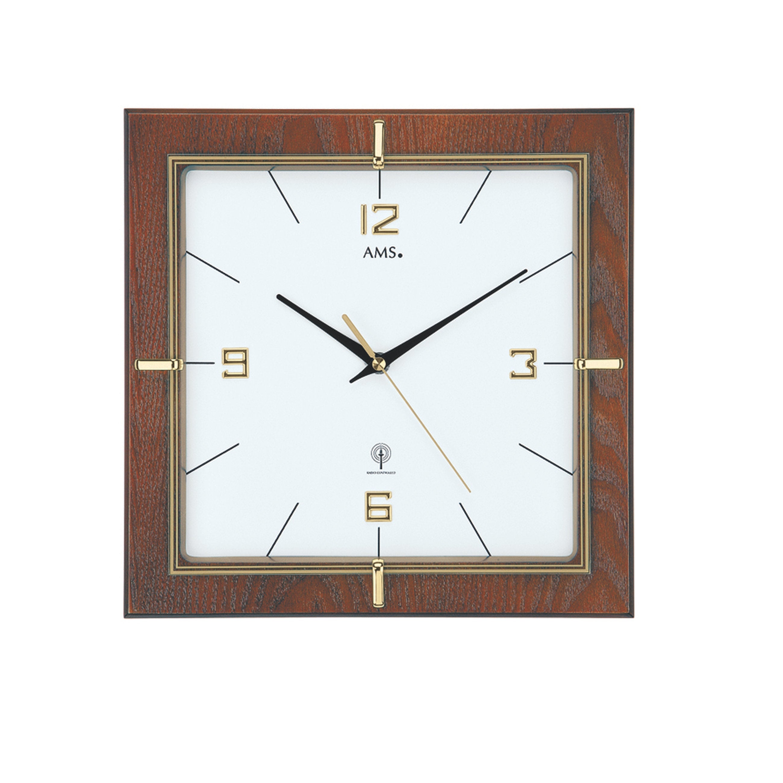 AMS W9434 Wanduhr mit nussbaumlackiertem Gehäuse und goldfarbenem Mineralglas