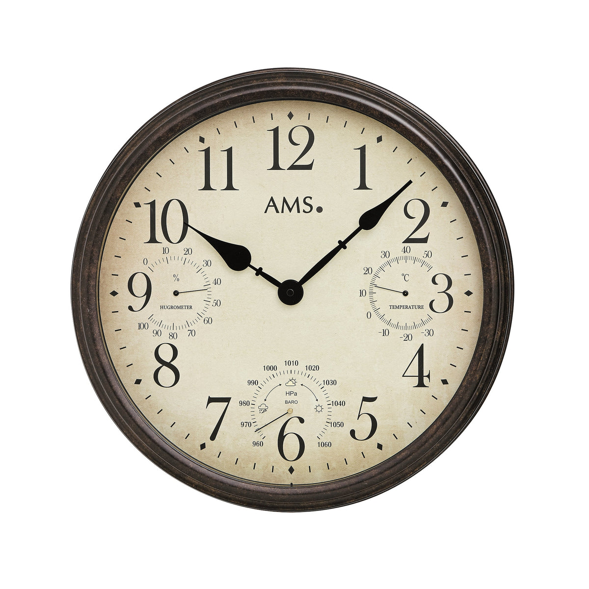 AMS W9463 Wanduhr mit Metallgehäuse und Raumklimaanzeige