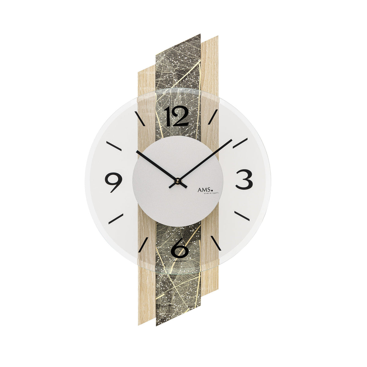 AMS W9664 Wanduhr mit Sonoma-Holzgehäuse, Naturblättern und Swarovski-Kristallen