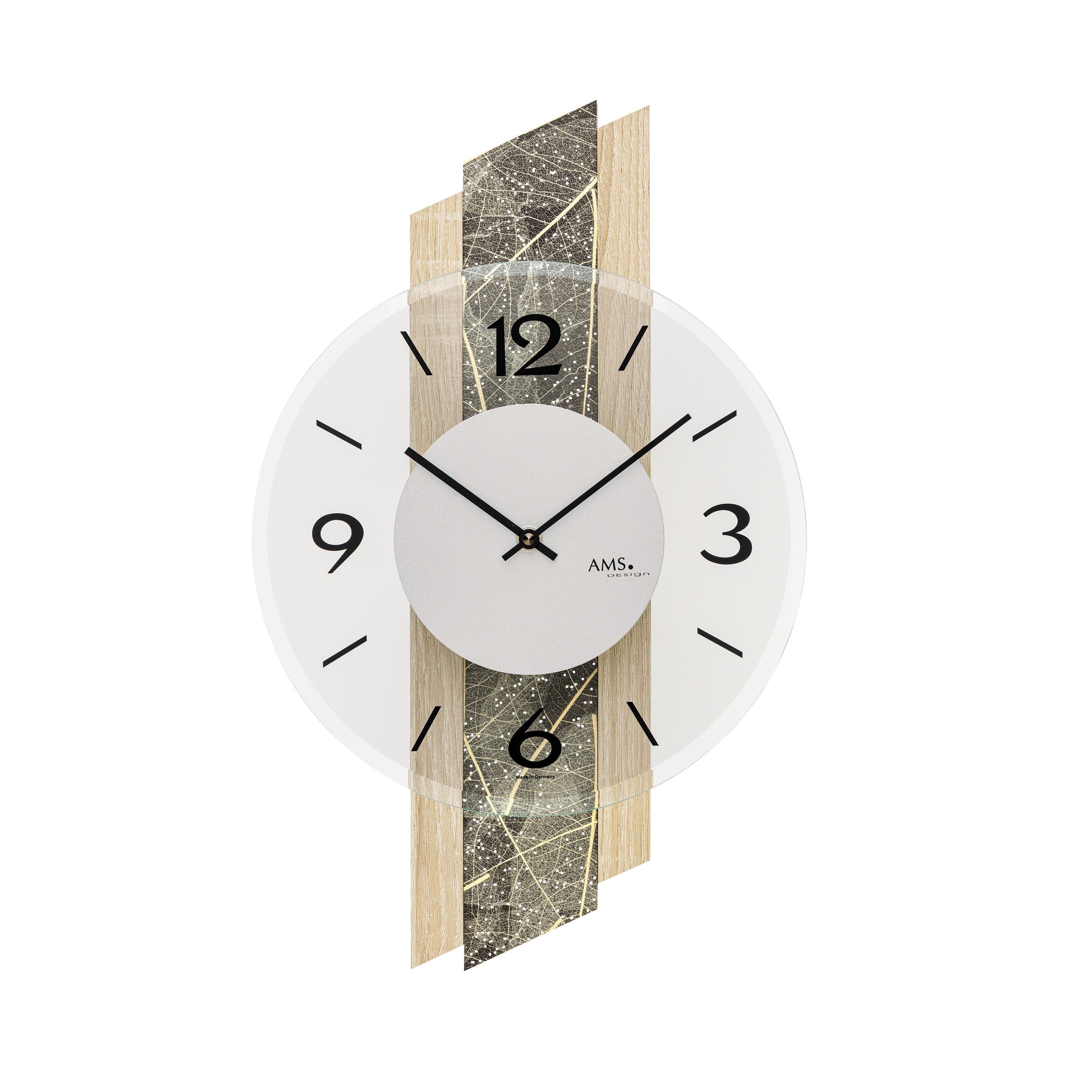 AMS W9664 Wanduhr mit Sonoma-Holzgehäuse, Naturblättern und Swarovski-Kristallen