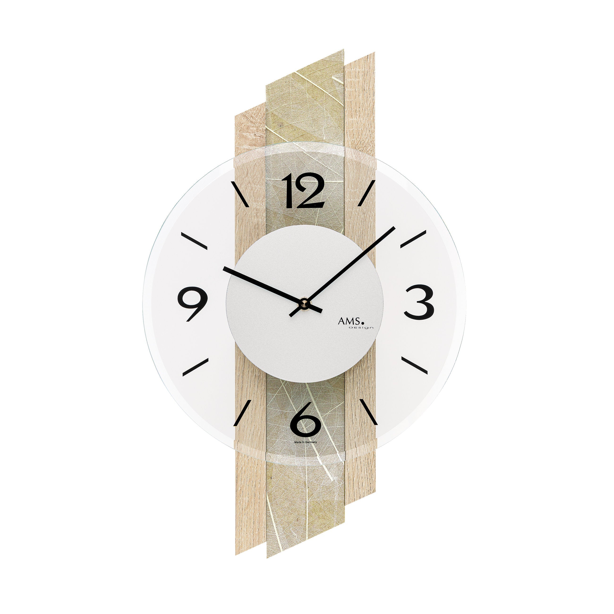 AMS W9665 Wanduhr mit Sonoma-Holzgehäuse und Naturblättern
