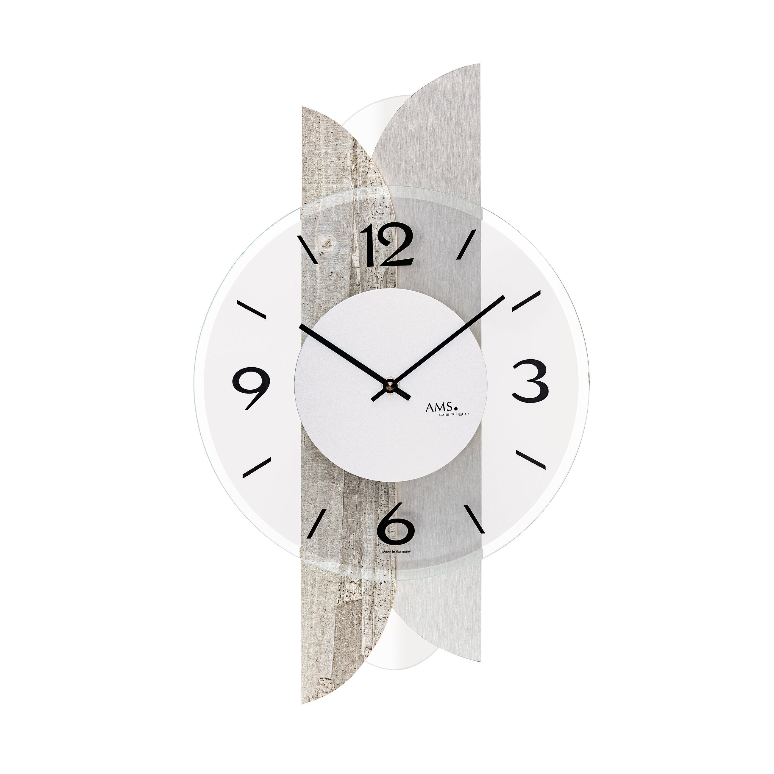 AMS W9668 Wanduhr mit Betonstruktur-Holzgehäuse und Aluminium-Auflage