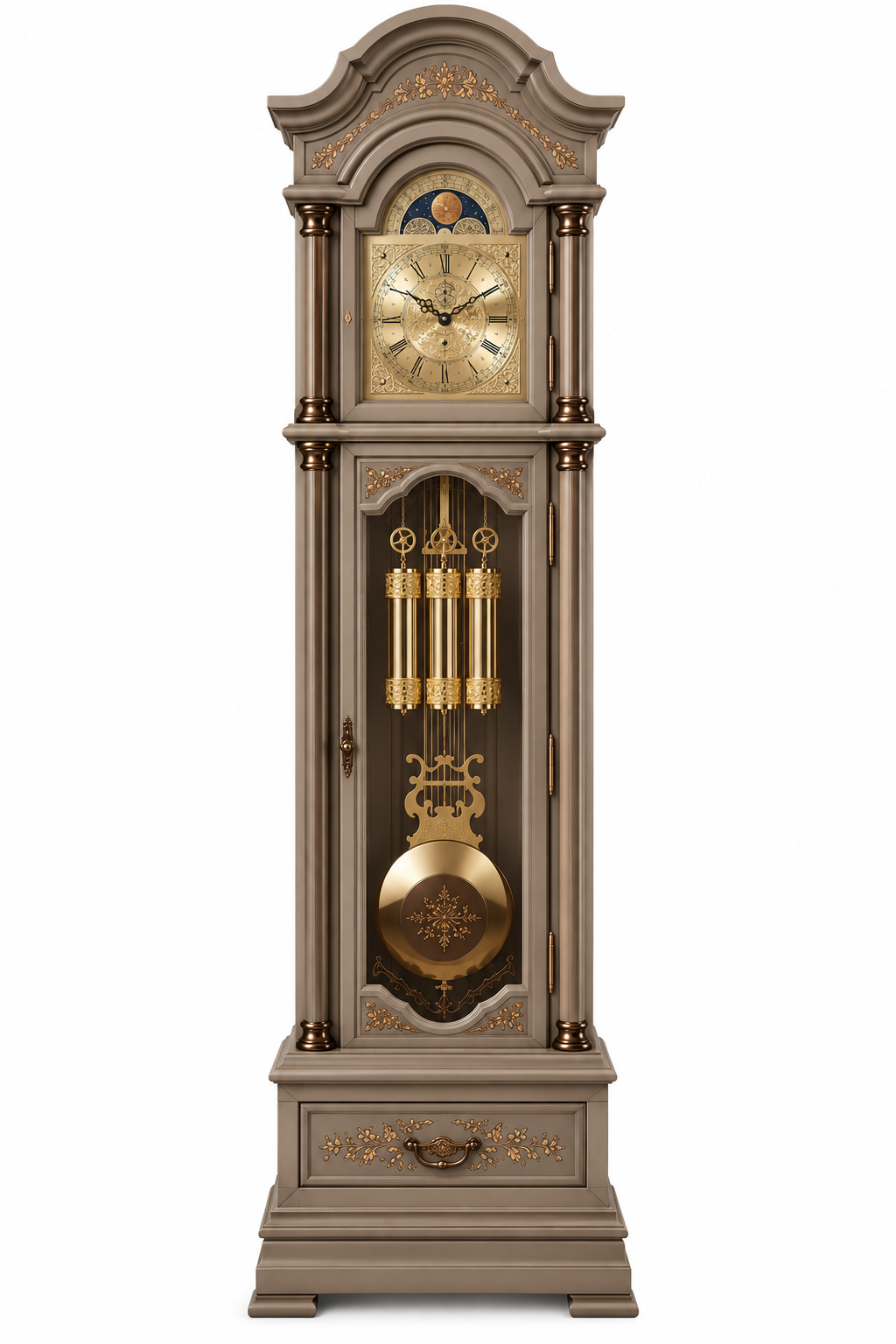 Astra Design AD210-02GB Standuhr „Residenz“ in Greige matt und dunklen Bronze aus massiver Eiche