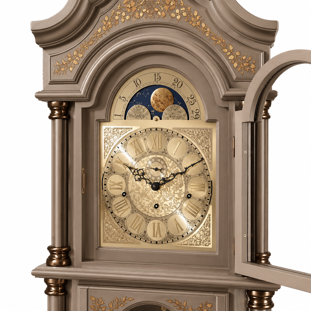 Astra Design AD210-02GB Standuhr „Residenz“ in Greige matt und dunklen Bronze aus massiver Eiche