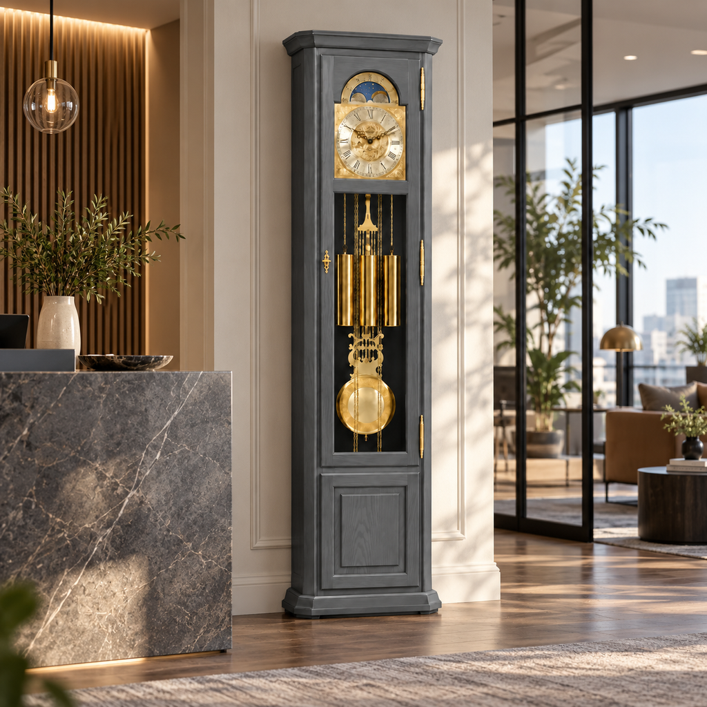 Astra Design AD210-04MTGR Standuhr „Rheingold“ in Matt Grau Lackierung aus massiver Eiche