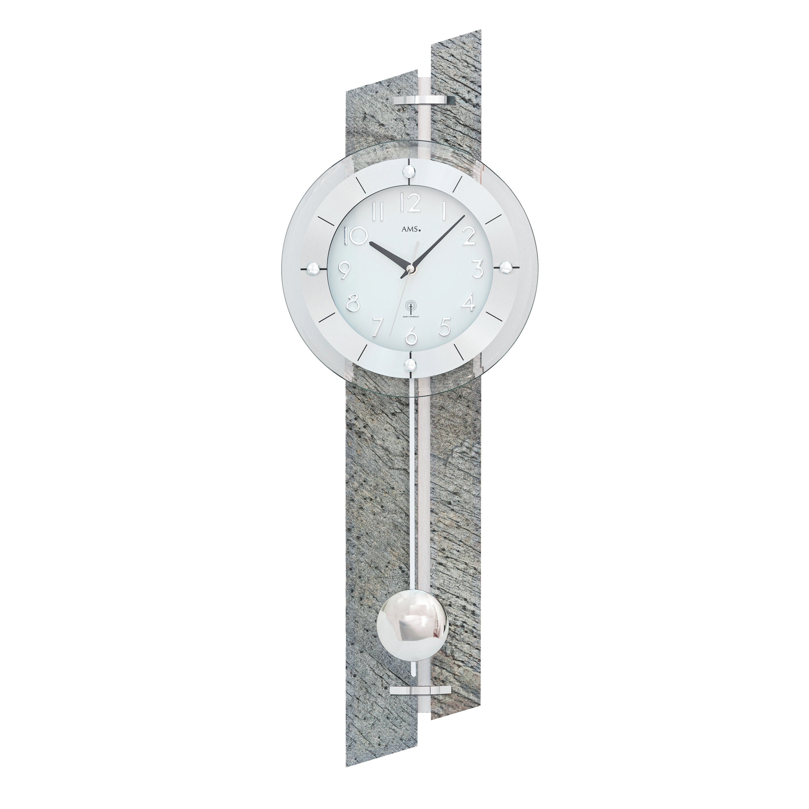 AMS F5306 Pendel-Funkwanduhr mit Holzgehäuse und Stein-Aluminium-Auflage