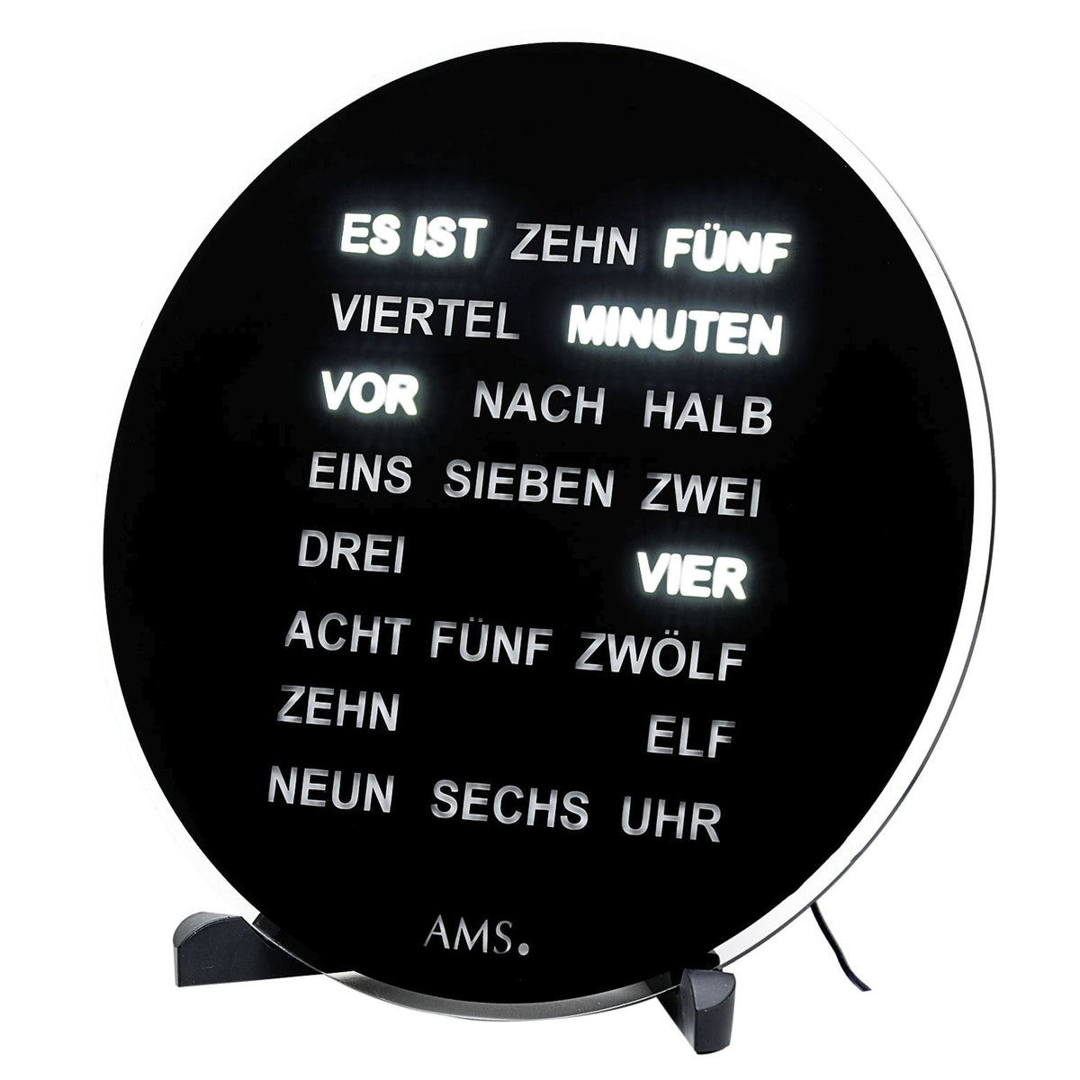 AMS T1285 Tisch- und Wanduhr mit LED-Wortuhr und schwarzem Zifferblatt