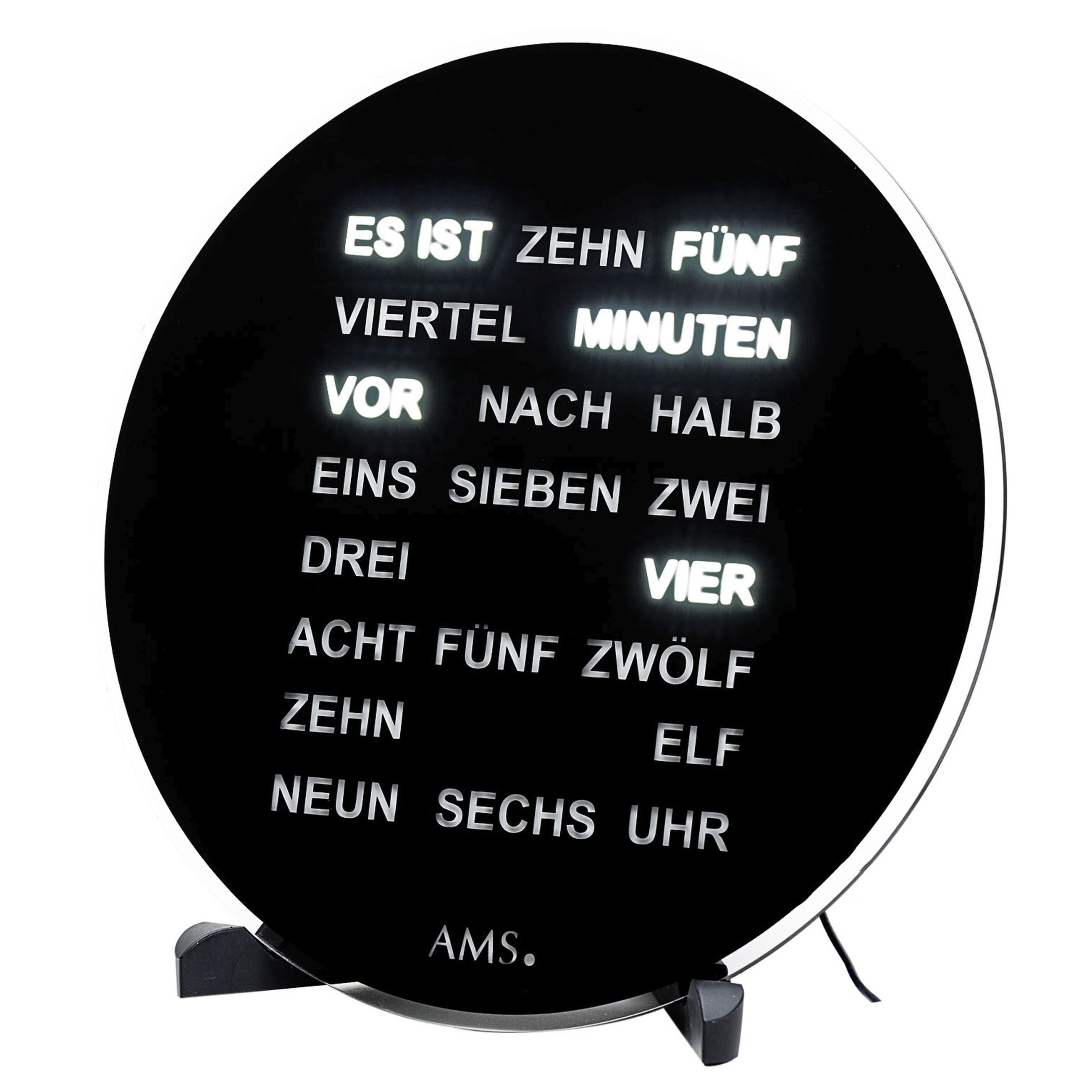 AMS T1285 Tisch- und Wanduhr mit LED-Wortuhr und schwarzem Zifferblatt
