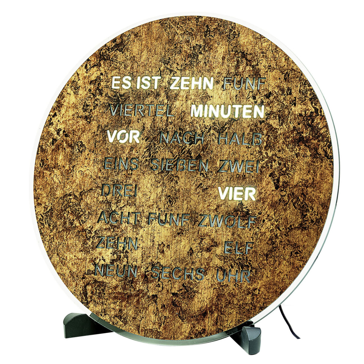 AMS T1293 Tisch- und Wanduhr mit LED-Wortuhr in goldbrauner Wurzelstruktur