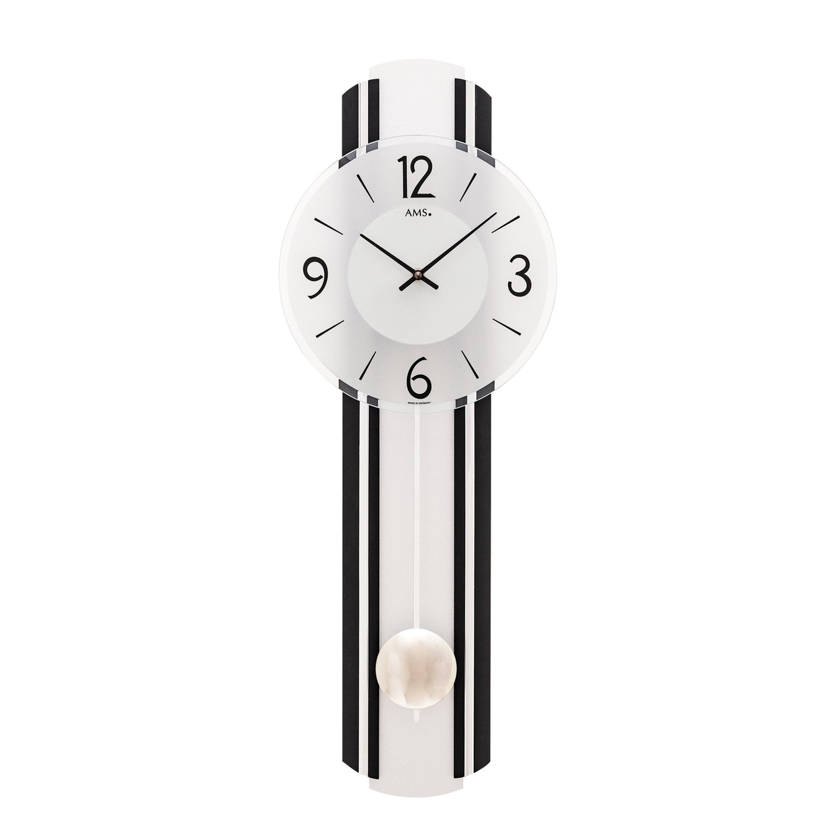 AMS W7231 Pendelwanduhr mit schwarzem Holzgehäuse und Silber-Applikation