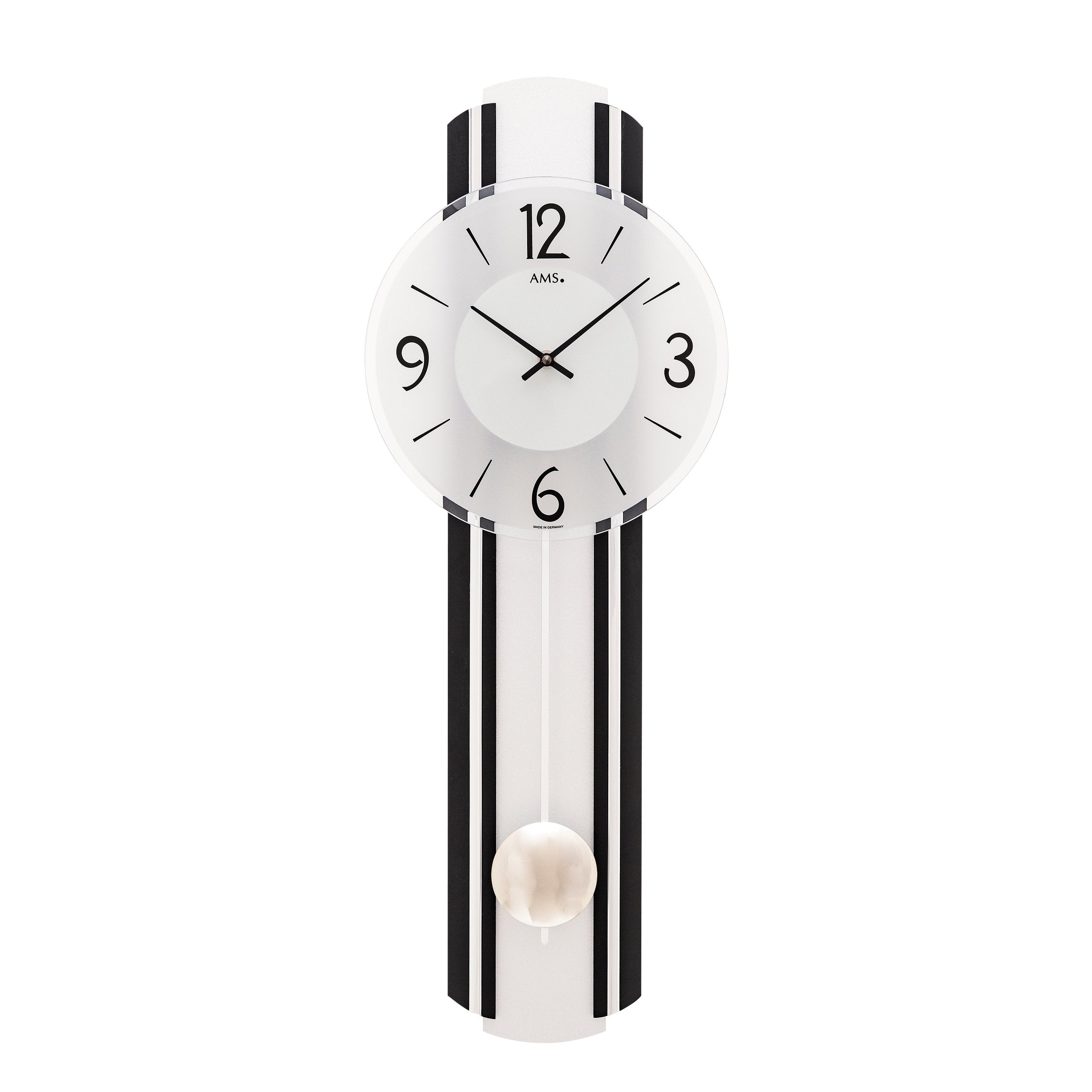AMS W7231 Pendelwanduhr mit schwarzem Holzgehäuse und Silber-Applikation