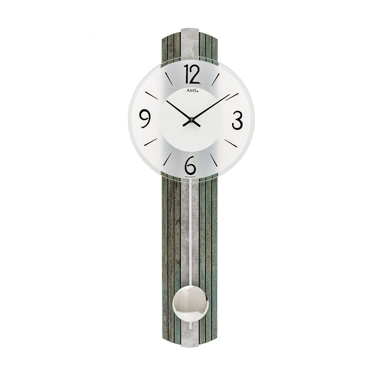 AMS W7488 Pendelwanduhr mit Holzstruktur und Silberantik-Auflage