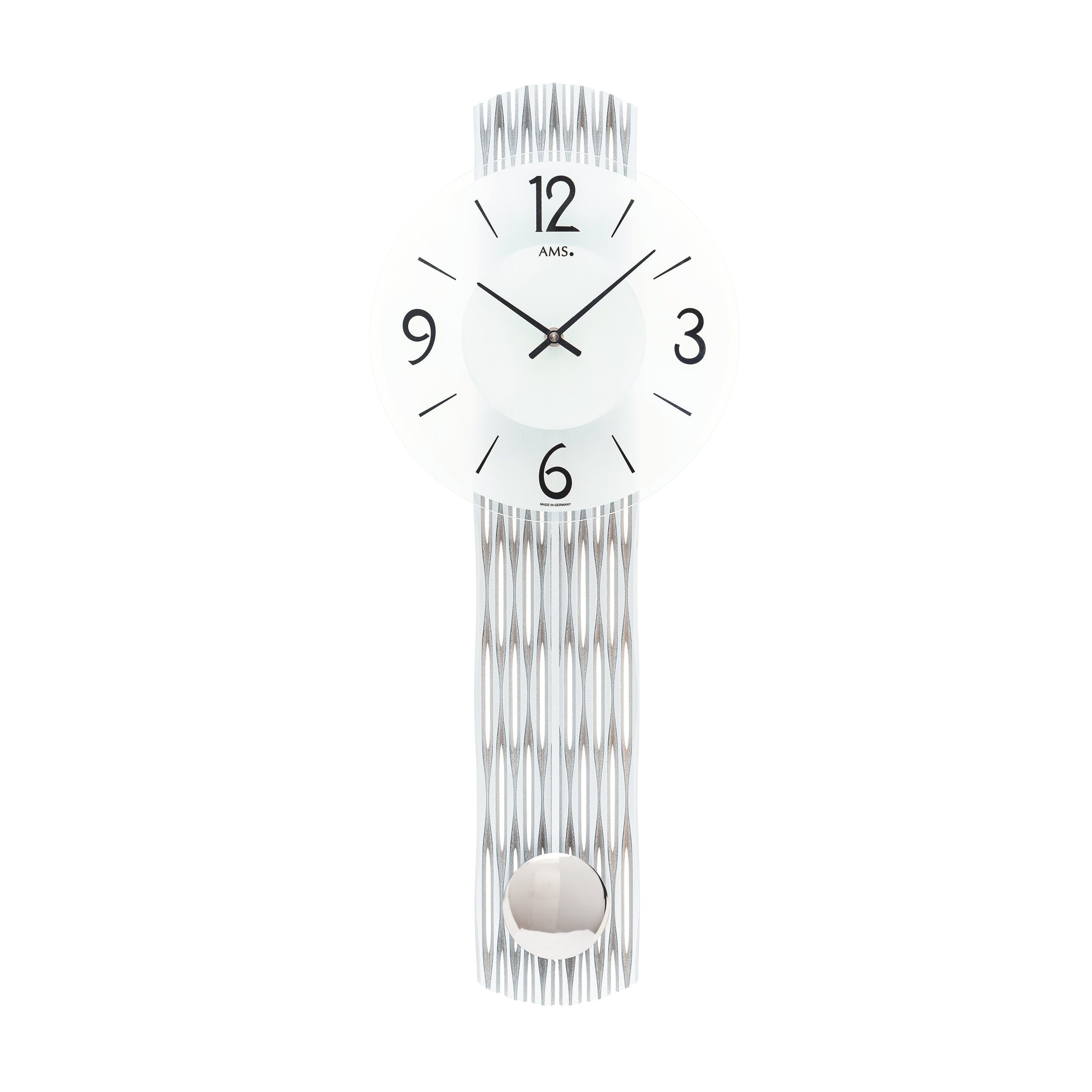 AMS W7506 Pendelwanduhr mit feingefrästem Holzgehäuse in Silberoptik