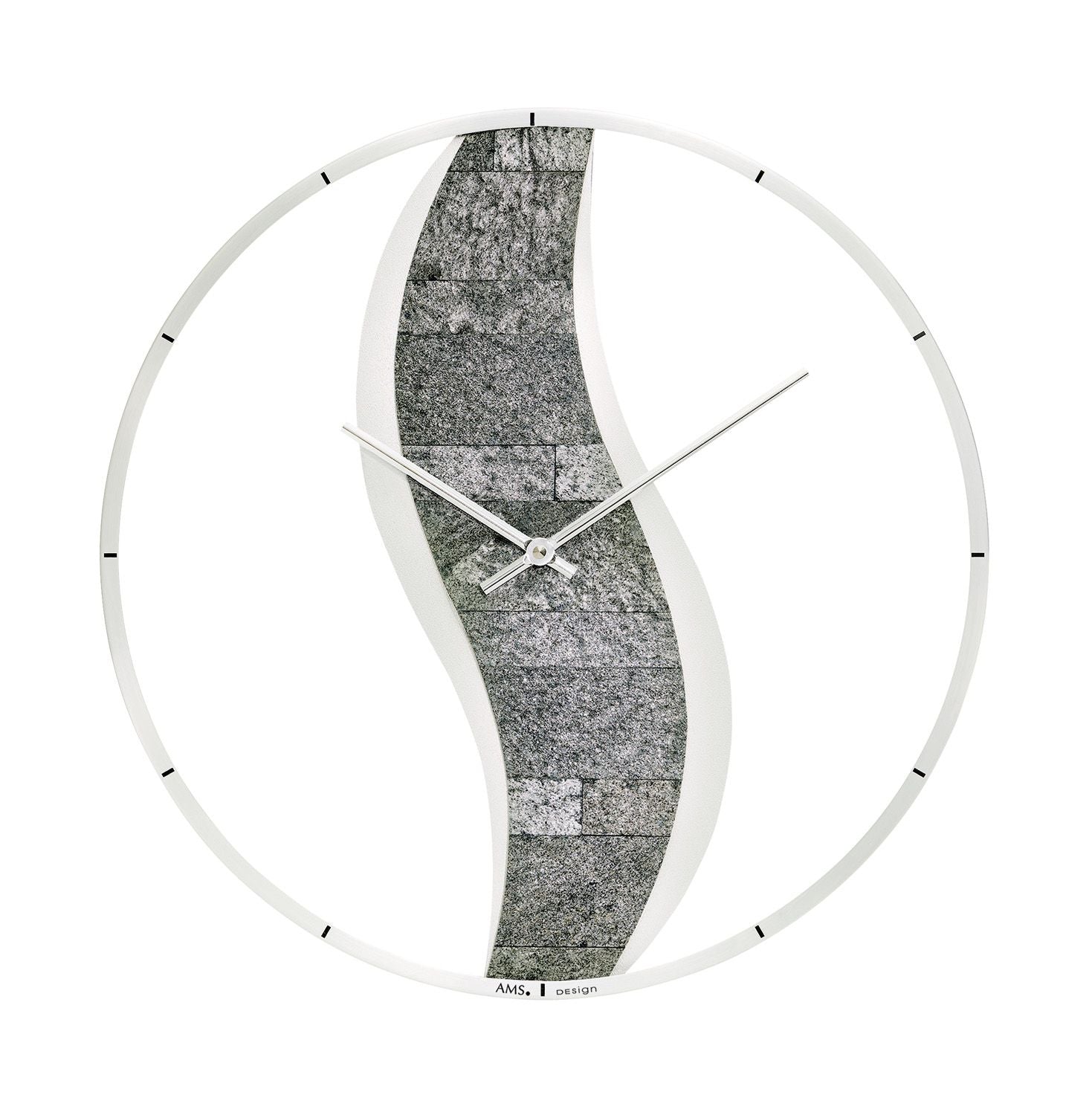AMS W9646 Wanduhr mit silberlackiertem Holzgehäuse und Steinauflage