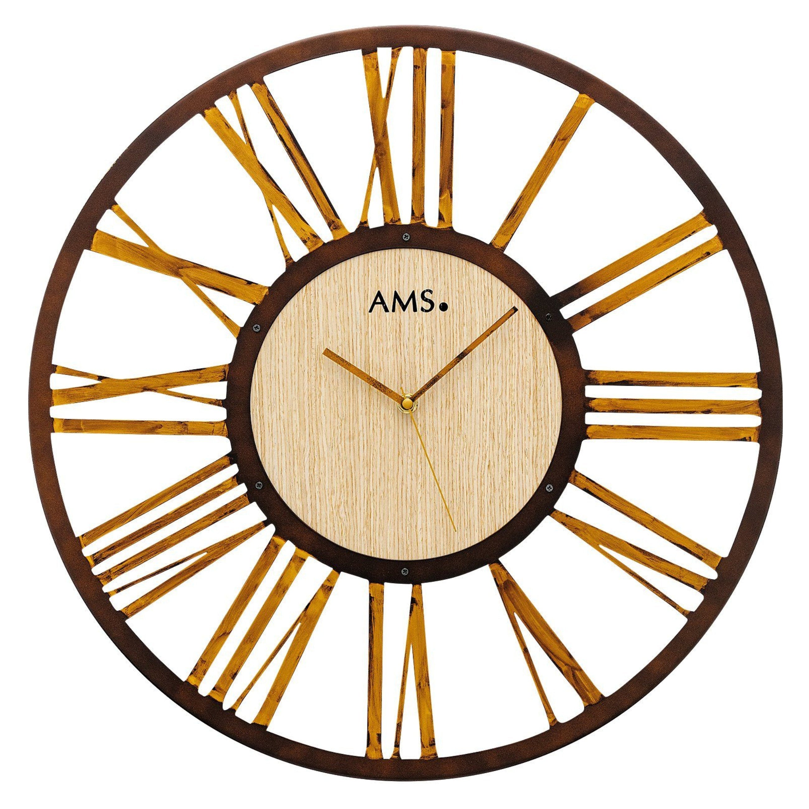 AMS W9648 Wanduhr mit Metallgehäuse und Holzeinlage