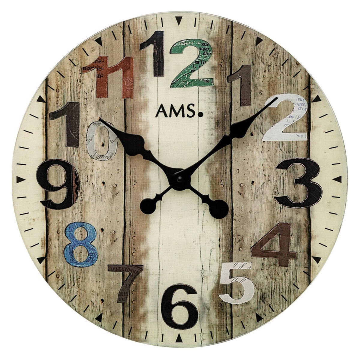 AMS W9650 Wanduhr in farbiger Holzoptik mit Mineralglas