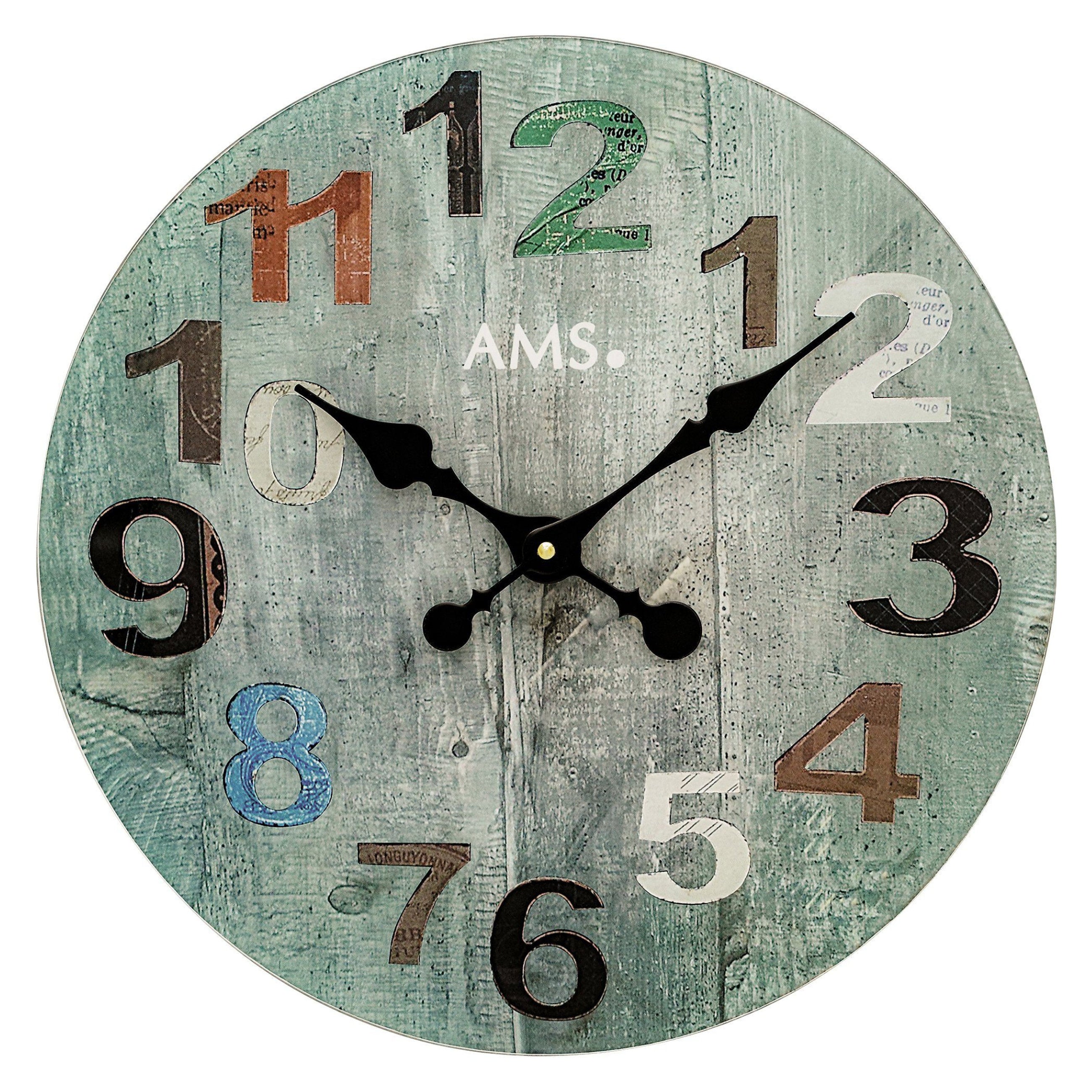 AMS W9651 Wanduhr in farbiger Holzoptik mit Mineralglas