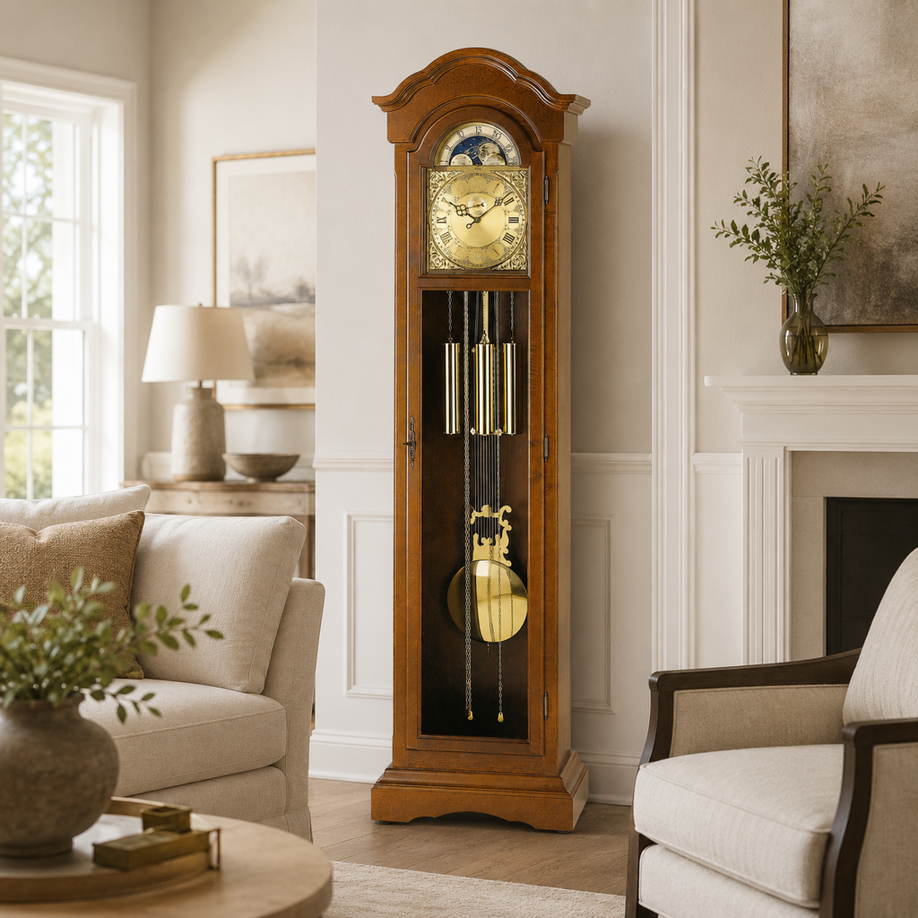 AMS S2021-1 Standuhr mit Nussbaum-Massivholzgehäuse und mechanischem Kettenzugwerk