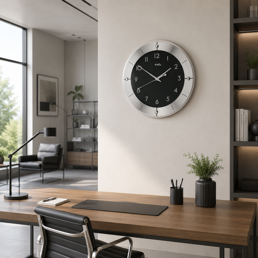 AMS F5849 Funkwanduhr mit facettiertem Mineralglas und geschliffenem Aluminium
