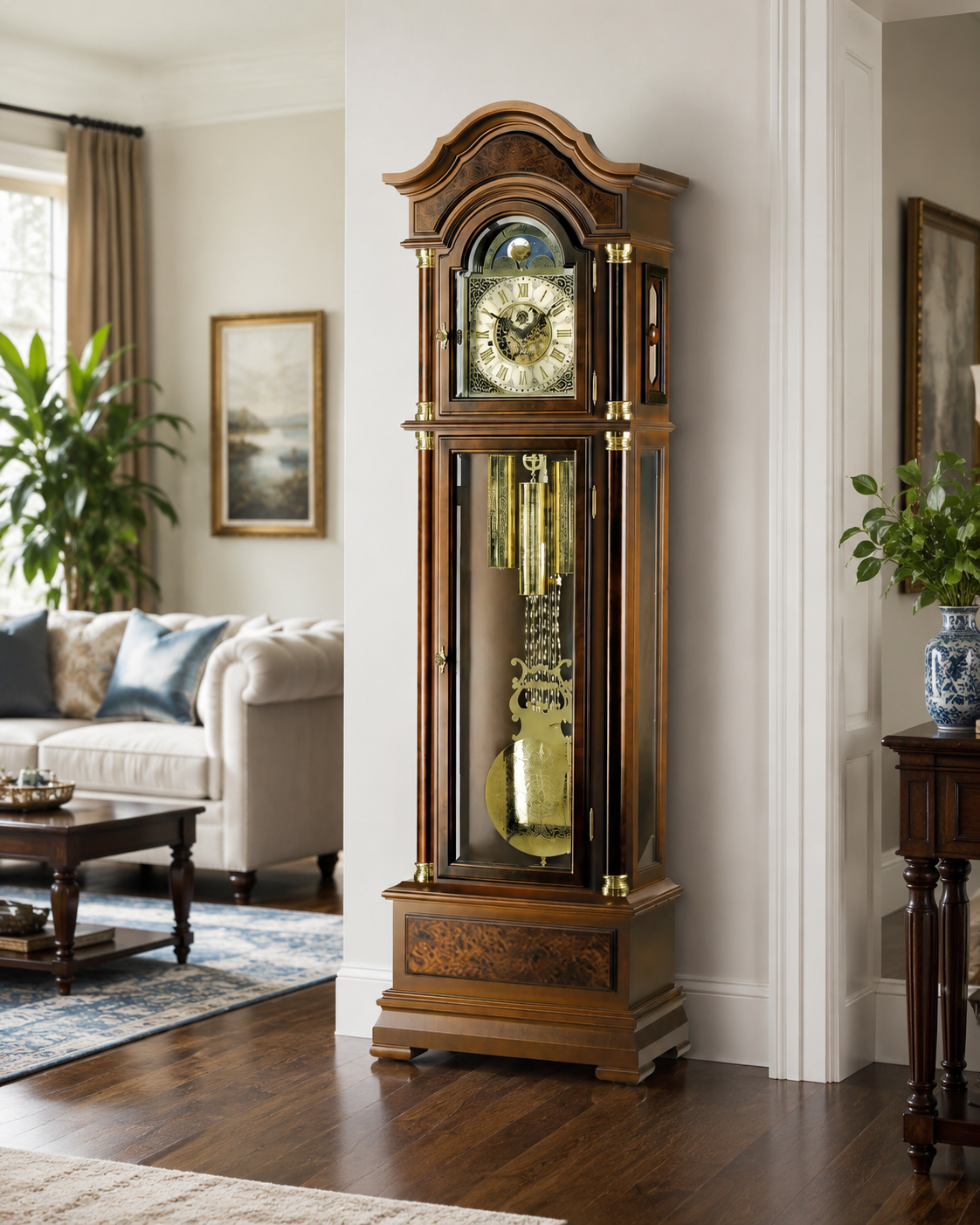 AMS S2069-1 Standuhr mit Nussbaum-Massivholzgehäuse und mechanischem Kettenzugwerk