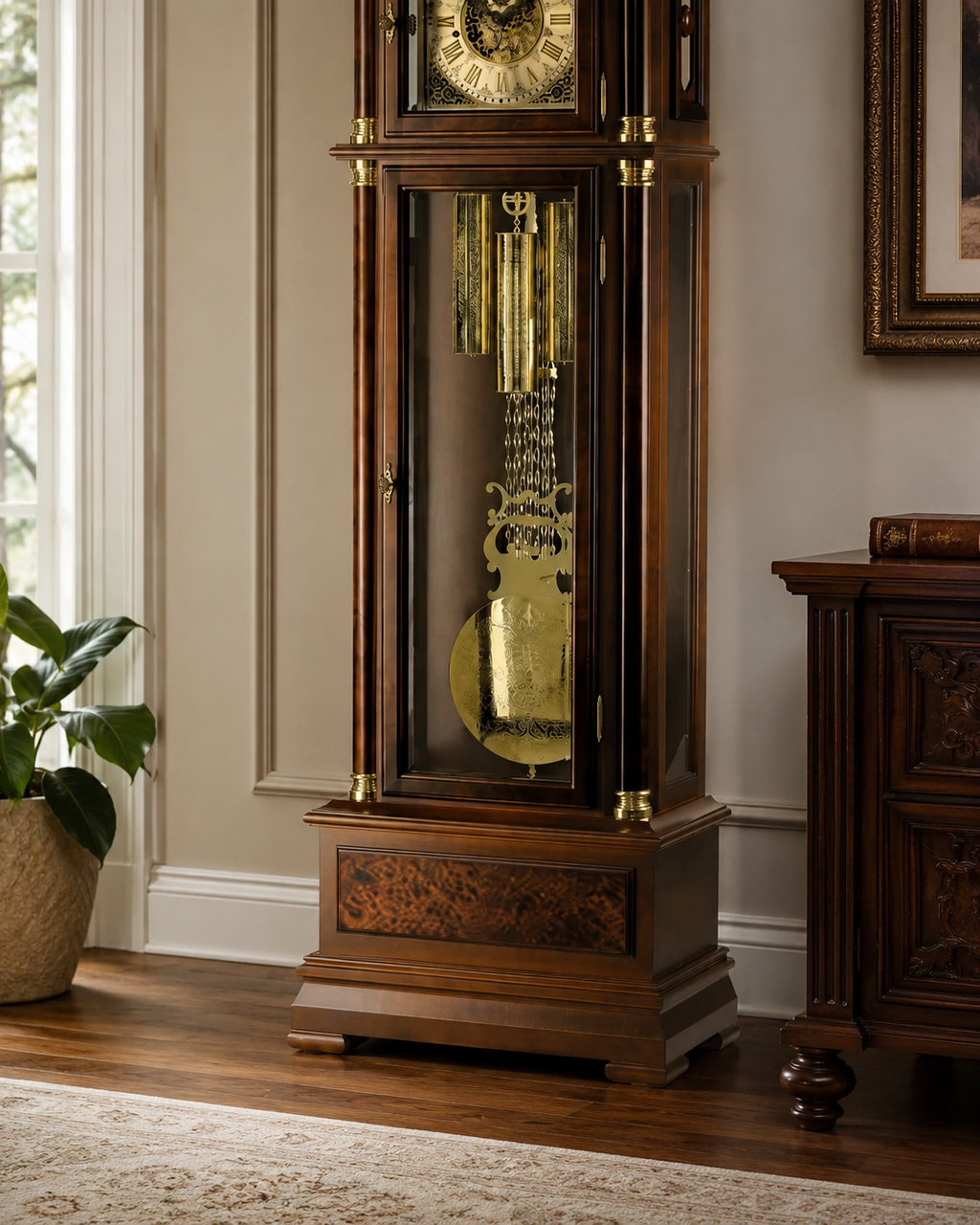 AMS S2069-1 Standuhr mit Nussbaum-Massivholzgehäuse und mechanischem Kettenzugwerk