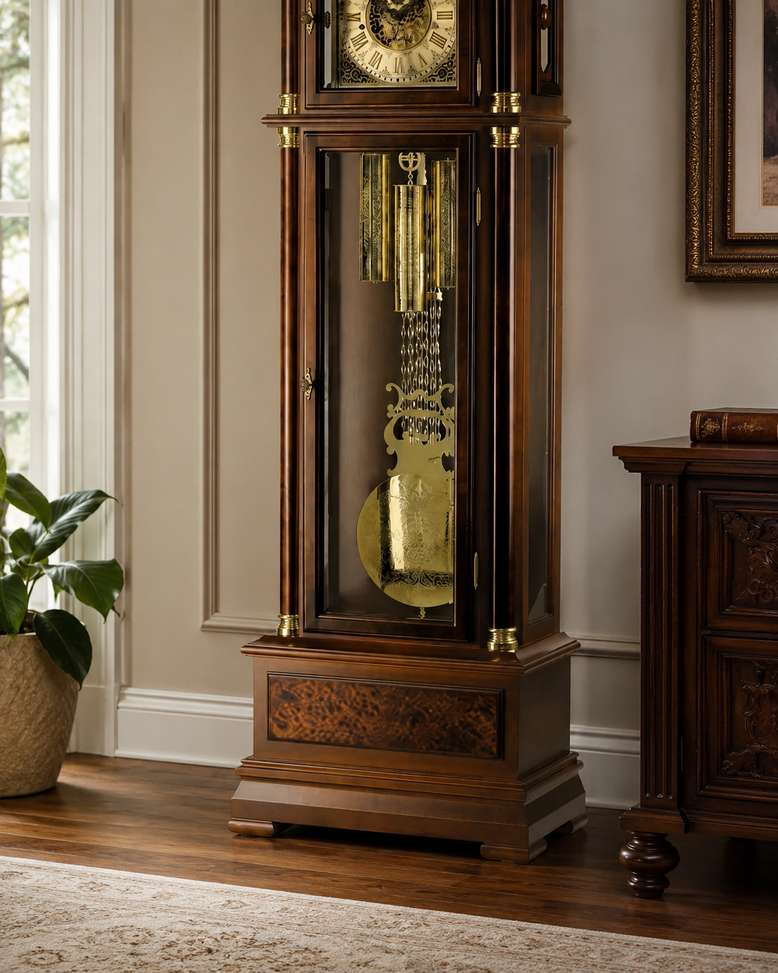 AMS S2069-1 Standuhr mit Nussbaum-Massivholzgehäuse und mechanischem Kettenzugwerk
