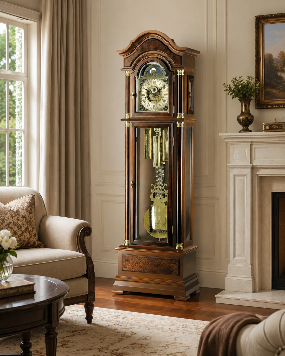 AMS S2069-1 Standuhr mit Nussbaum-Massivholzgehäuse und mechanischem Kettenzugwerk