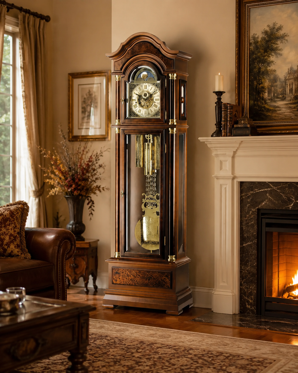 AMS S2069-1 Standuhr mit Nussbaum-Massivholzgehäuse und mechanischem Kettenzugwerk