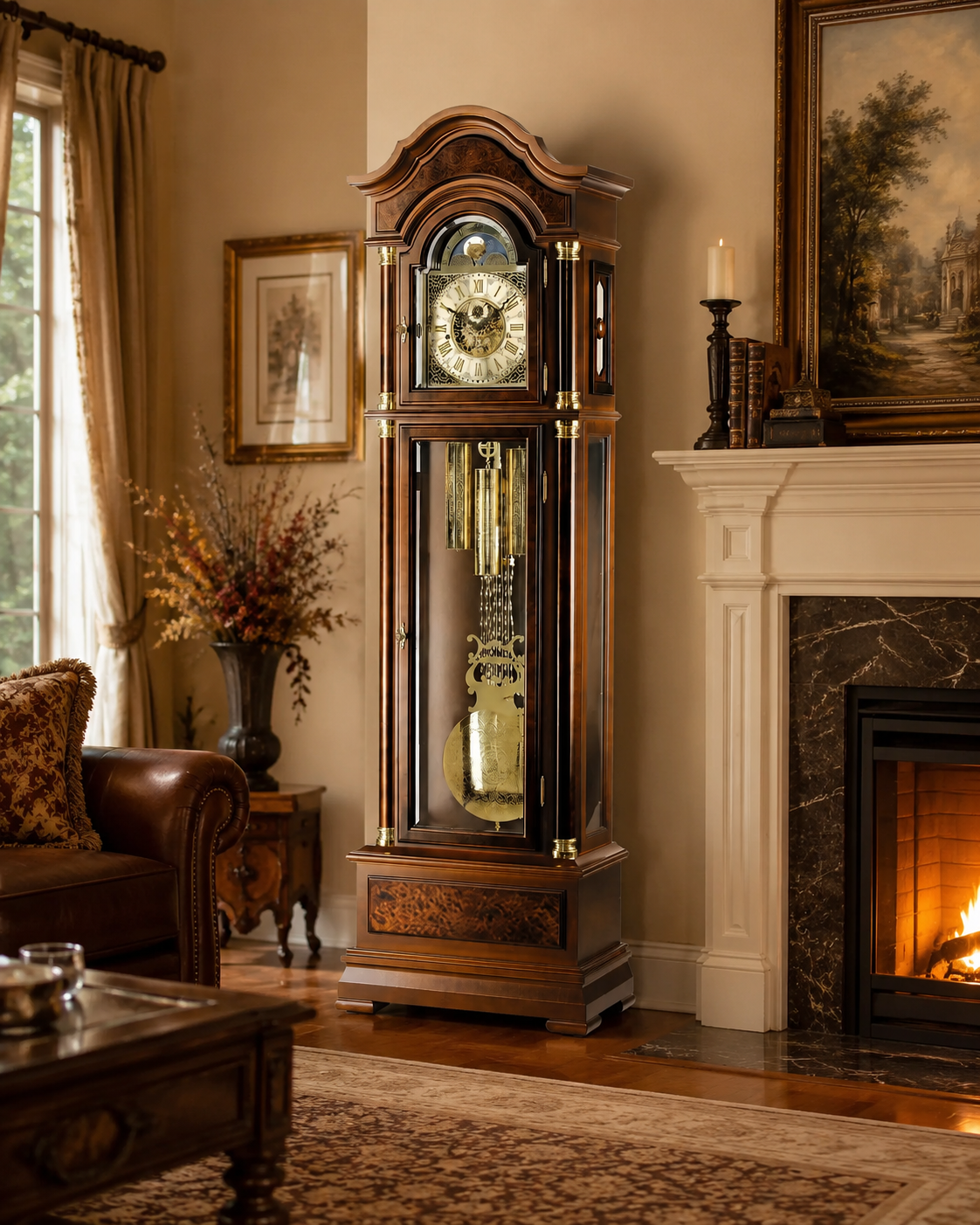 AMS S2069-1 Standuhr mit Nussbaum-Massivholzgehäuse und mechanischem Kettenzugwerk
