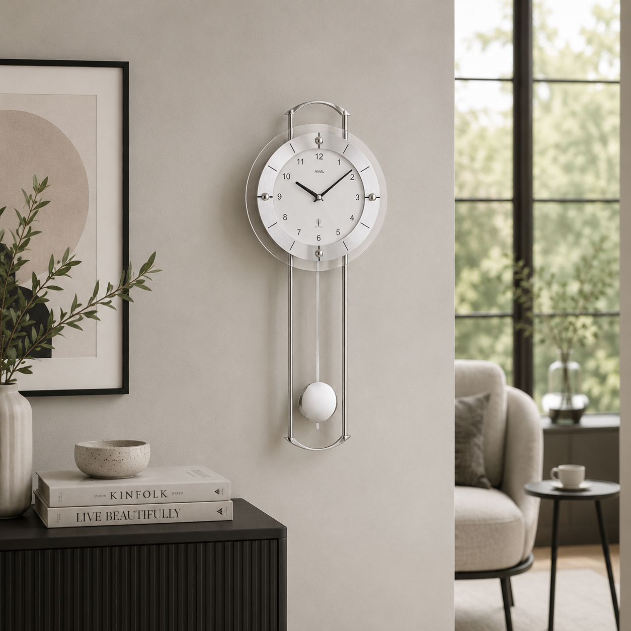 AMS F5254 Pendel-Funkwanduhr mit lackierten Metallstäben