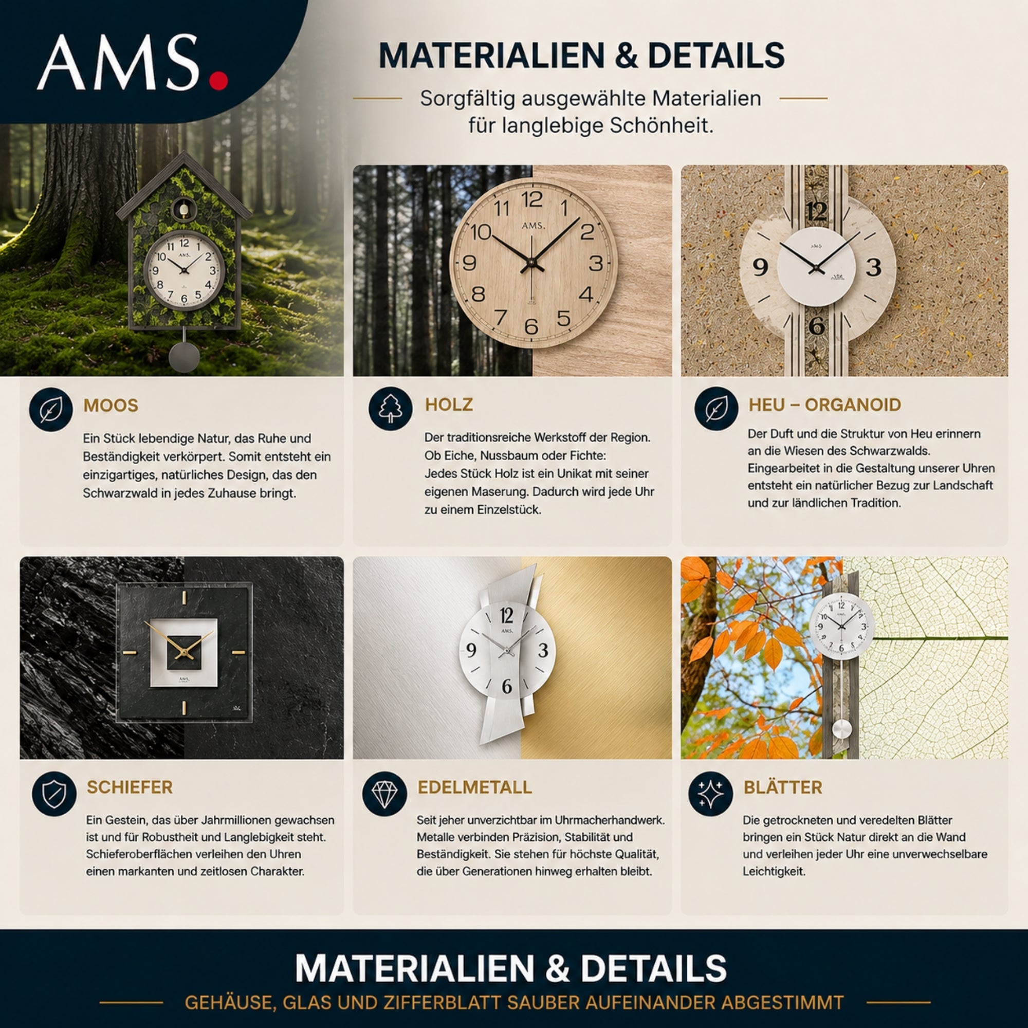 AMS Uhren Materialien und Details mit Holz Glas Metall und Zifferblatt