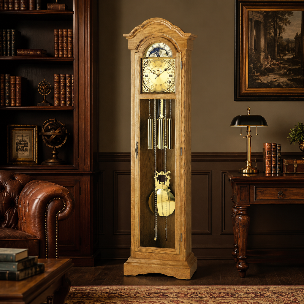 AMS S2021-4 Standuhr mit Eichenholzgehäuse und mechanischem Kettenzugwerk