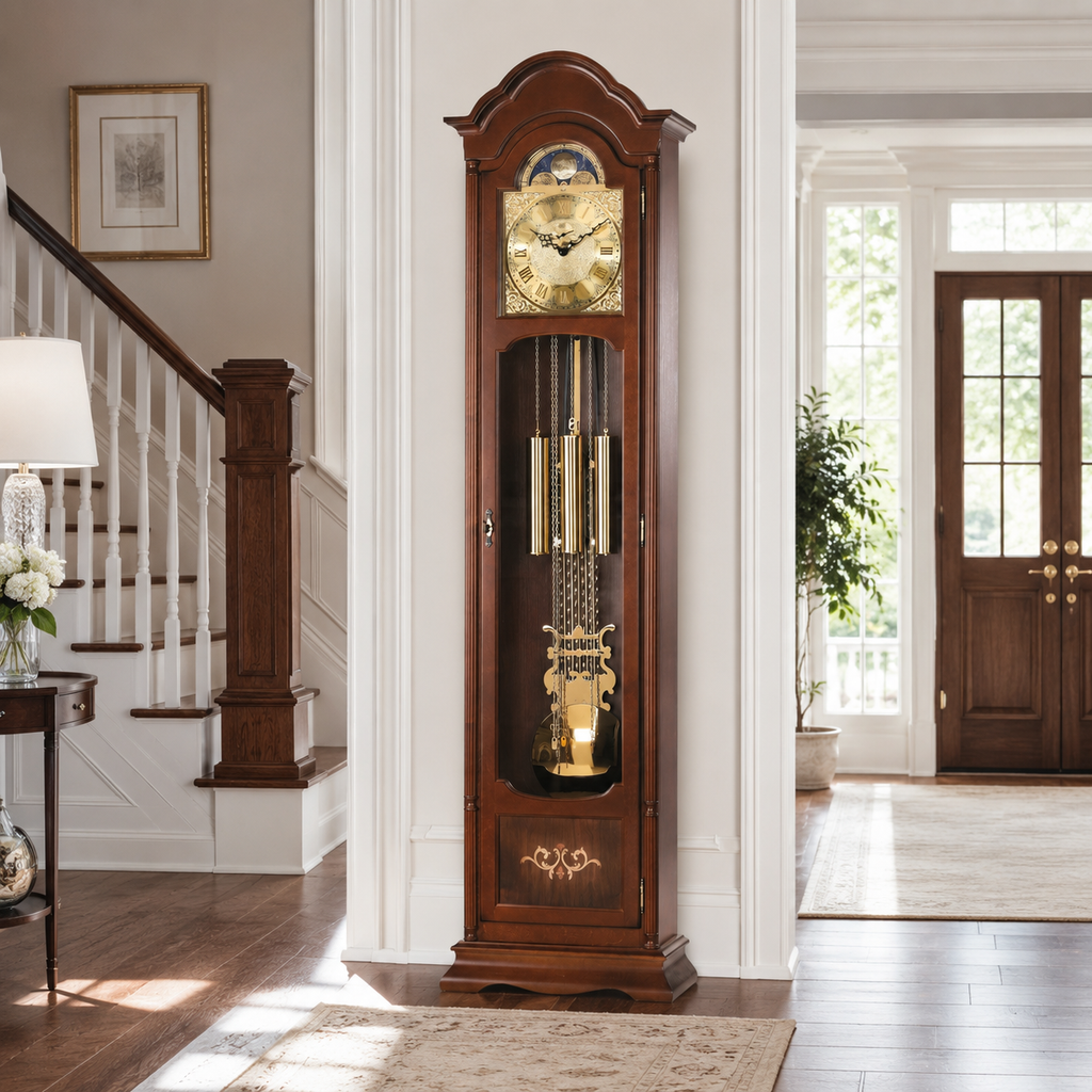 AMS S2022-1 Standuhr mit Nussbaum-Massivholzgehäuse und Intarsien