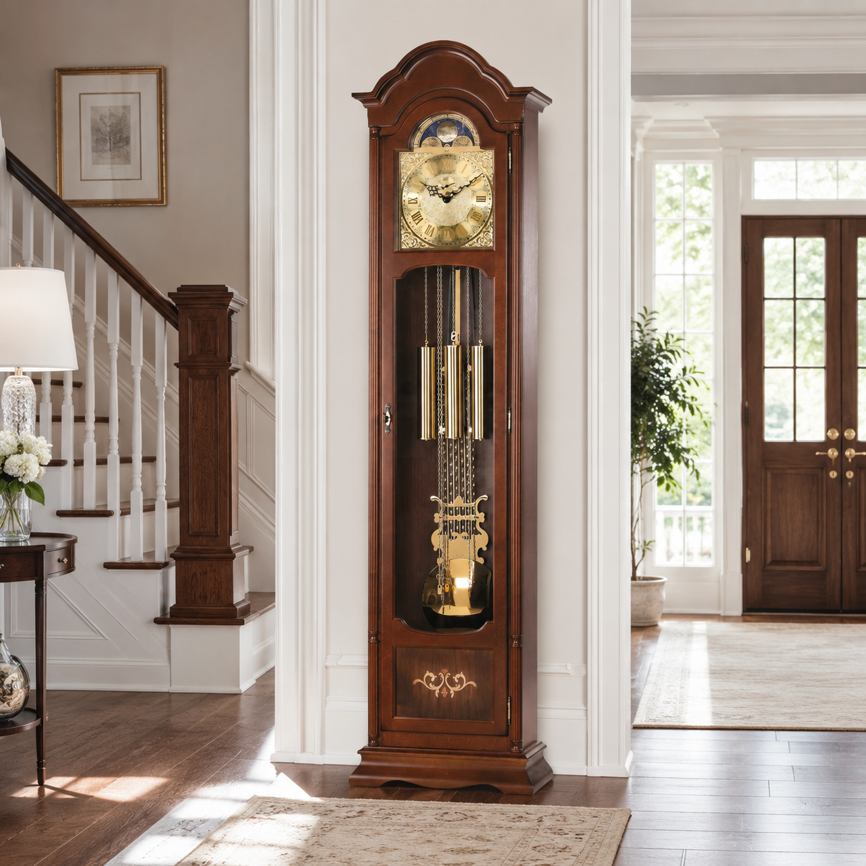 AMS S2022-1 Standuhr mit Nussbaum-Massivholzgehäuse und Intarsien