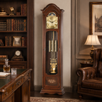 AMS S2022-1 Standuhr mit Nussbaum-Massivholzgehäuse und Intarsien