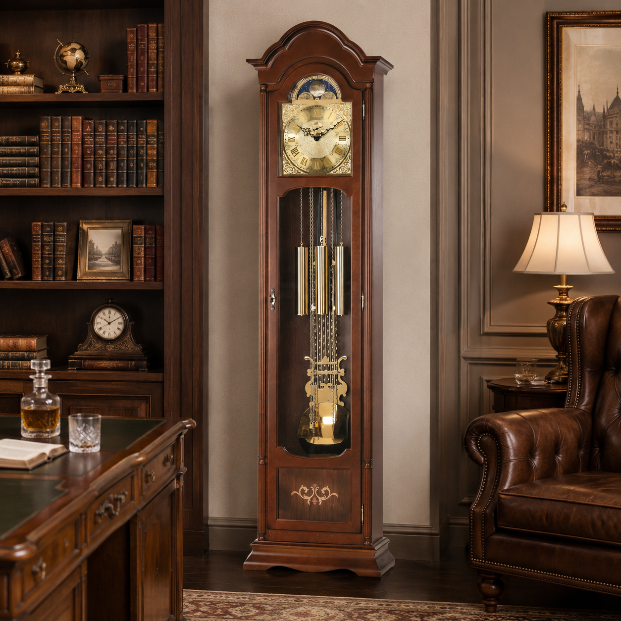 AMS S2022-1 Standuhr mit Nussbaum-Massivholzgehäuse und Intarsien
