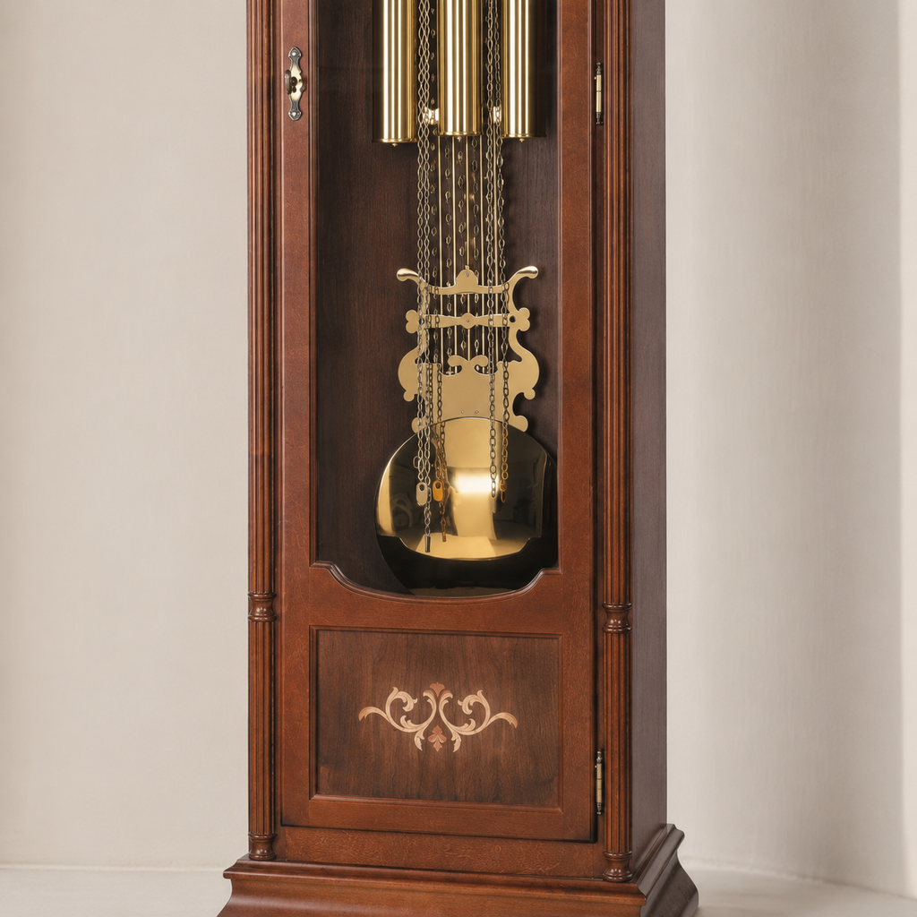 AMS S2022-1 Standuhr mit Nussbaum-Massivholzgehäuse und Intarsien