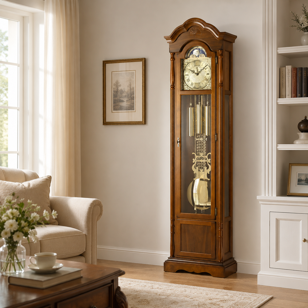 AMS S2011-1 Standuhr mit Nussbaum-Massivholzgehäuse und mechanischem Kettenzugwerk