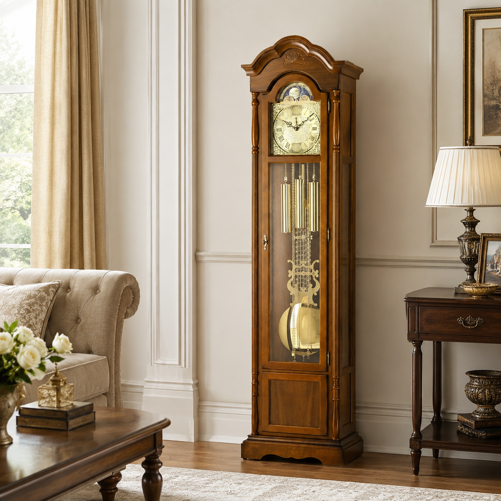 AMS S2011-1 Standuhr mit Nussbaum-Massivholzgehäuse und mechanischem Kettenzugwerk