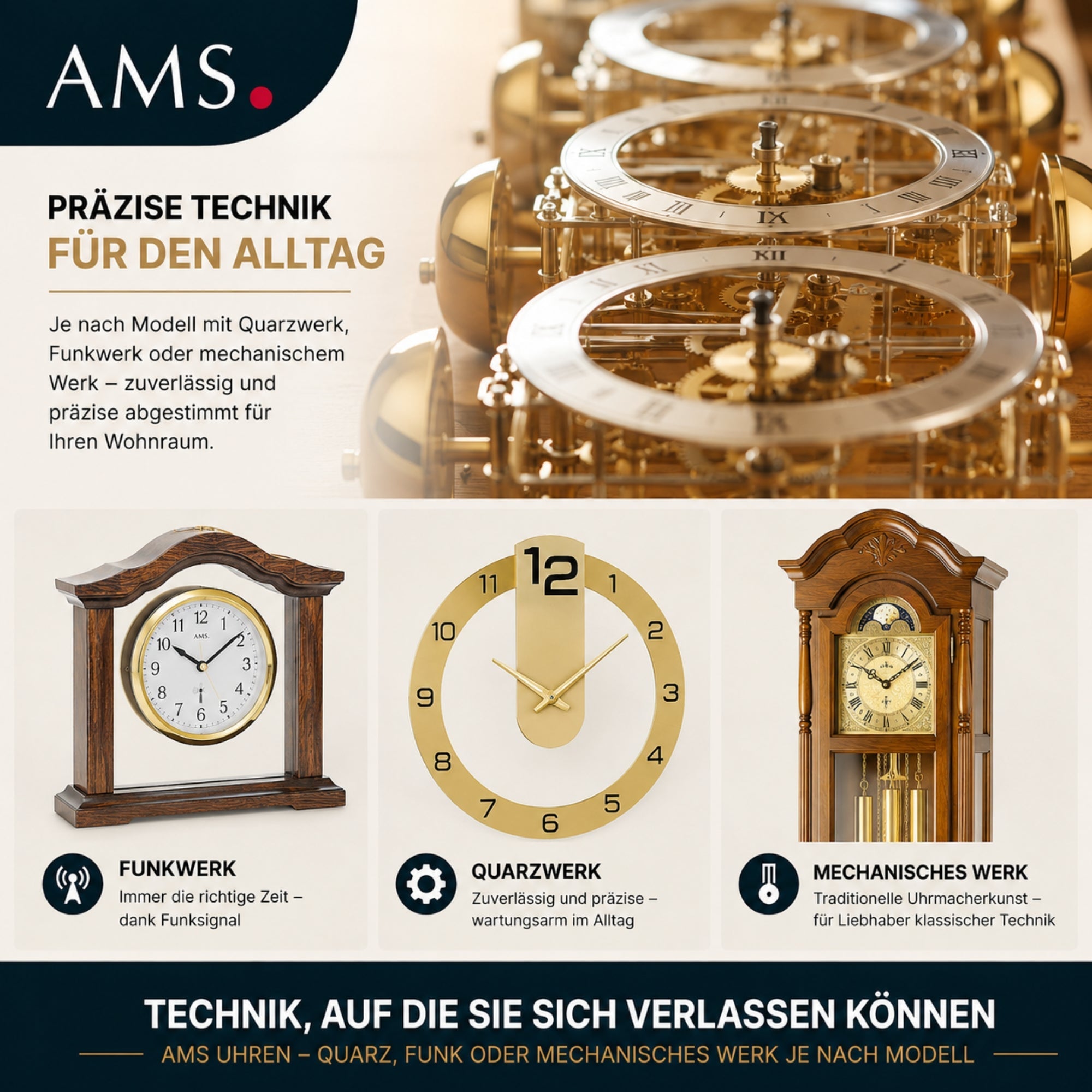 AMS Uhren mit Funkwerk Quarzwerk und mechanischem Werk