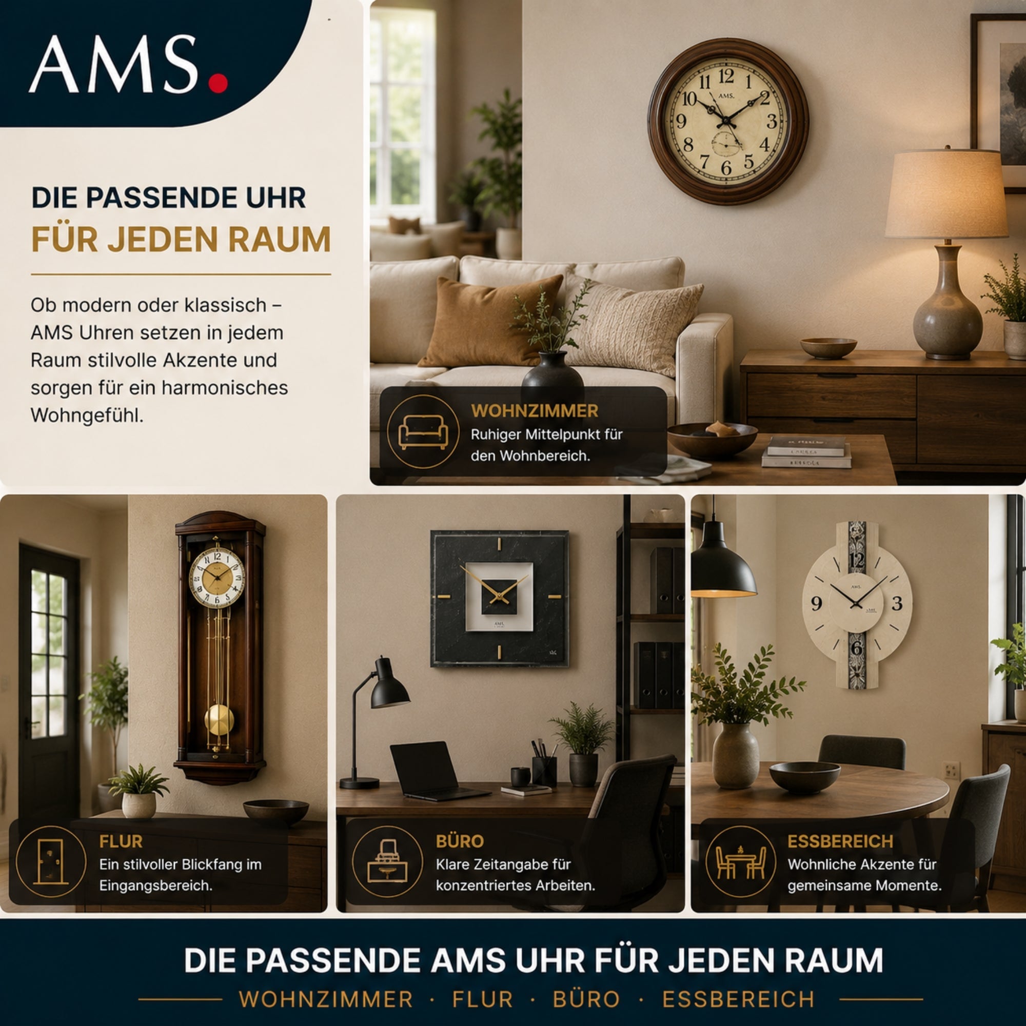 AMS Uhren für Wohnzimmer Flur Büro und Essbereich