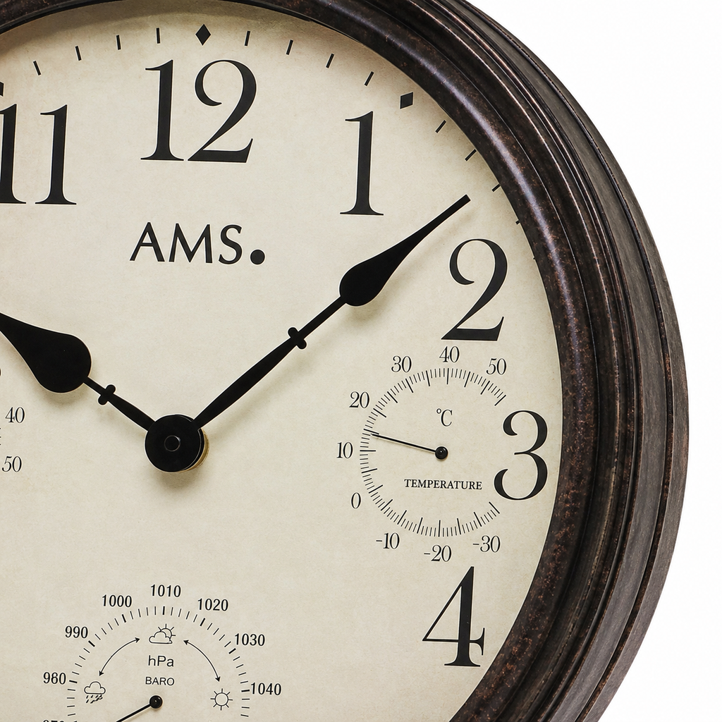AMS W9463 Wanduhr mit Metallgehäuse und Raumklimaanzeige