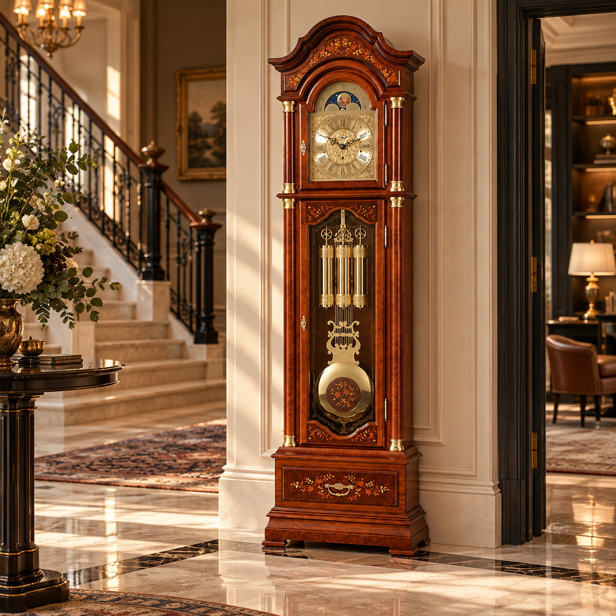 AstraDesign klassische Standuhr aus dunklem Holz mit Intarsien und Mondphase